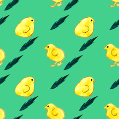 Seamless pattern with hand-drawn chickens on a beautiful green background