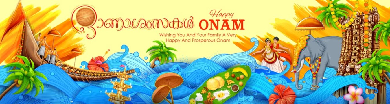 illustration of colorful holiday banner background for Happy Onam religious festival of South India Kerala