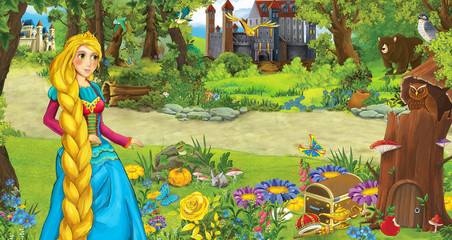 cartoon scene with young girl princess in the forest near some castles in the forest - illustration for children