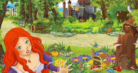 cartoon scene with young girl princess in the forest near some castles in the forest - illustration for children