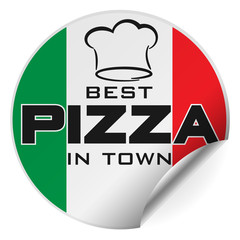 round best pizza in town sticker or badge with italian flag and toque, one side curled up vector illustraion