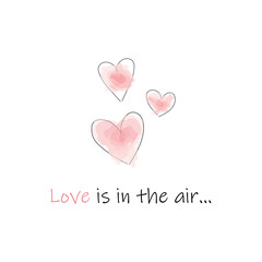 Love is in the air label. Three hearts with water color.