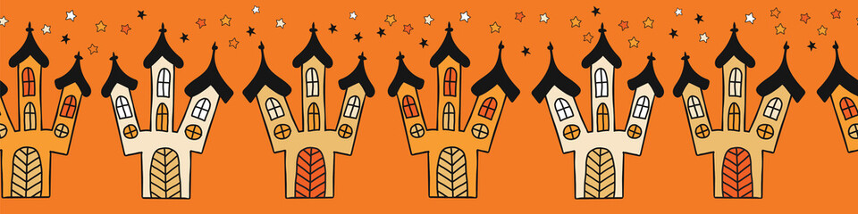 Fototapeta na wymiar Halloween kids border spooky castle. Seamless vector repeating border. Cute hand drawn Halloween illustration for party decor, ribbons, banners, invitations, scrap booking, digital paper