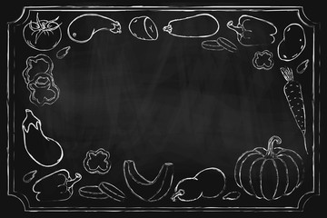 blackboard vegetables. Vector hand drawn background with different farm vegetables on blackboard. Healthy vegan food sketch illustration. chalkboard vegetables frame design for shop menu poster banner