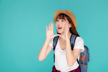 Beautiful young asian woman shouting sound loud with mouth for announce something in vacation travel with excited isolated on blue background, tourist asia girl journey in summer concept.