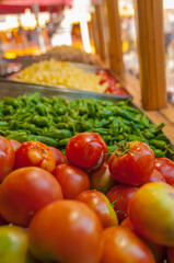verdura, puesto, tomate, pimientos, cebolla, feria