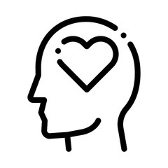 Heart Love Symbol In Man Silhouette Mind Vector Icon Thin Line. Cube And Brain, Puzzle And Shield, Padlock And Magnifier Concept Linear Pictogram. Black And White Template Contour Illustration