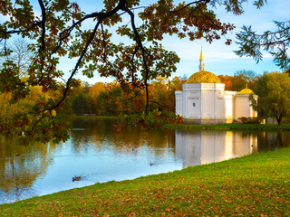 Suburbs of St. Petersburg in autumn. Russia. Town of Pushkin. Tsarskoe selo. Duck pond. Oak with...