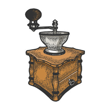 Coffee grinder color sketch engraving vector illustration. Tee shirt apparel print design. Scratch board style imitation. Black and white hand drawn image.