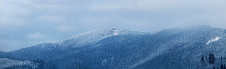 Panoramic view of the Carpathian Mountains in winter. Ukraine