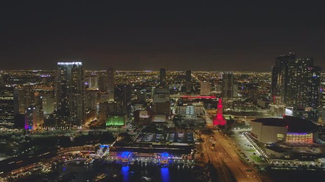Beautiful night aerial Downtown Miami city lights 4k