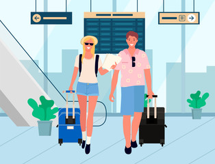 Man and woman in airport vector, couple in arrivals hall. Pair ready for vacation, suitcases and bags, male with sunglasses. Table board with flights. Famify weekend. Flat cartoon