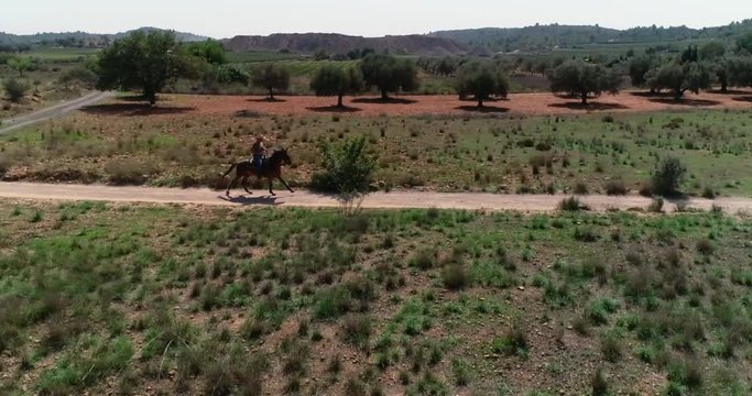 Inicio arrancada de caballo galopante con jinete vaquero cowboy con sombrero en caballo y vuelo de dron