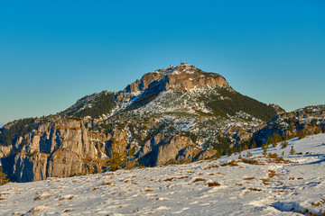 Aerial Landscape view from Ceahlău Mountains National Park at sunset in winter season,Sunset in Ceahlau Mountains