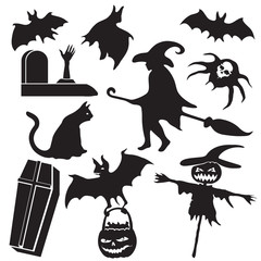 set of silhouettes for Halloween witch bats coffin grave spider cat pot with candy on isolated white background. Vector image.