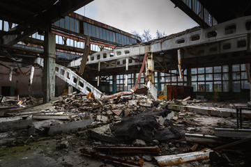 Damaged roof in abandoned factory