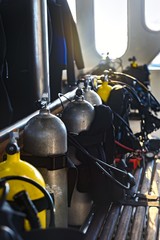 Fototapeta na wymiar Scuba gear on the boat drying