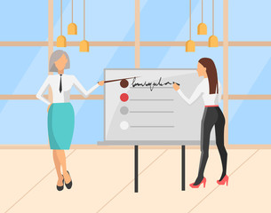 Naklejka premium People presenting new strategy plan for company vector, woman with whiteboard and inscriptions. Woman wearing formal clothes, teamwork of ladies office. Modern office with big windows