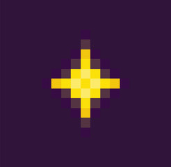 Burst element or star trophy of space pixel game, neon light, led decoration, pixelated yellow star in flat design style, geometric shiny equipment vector, 8bit cosmic object for mobile app games