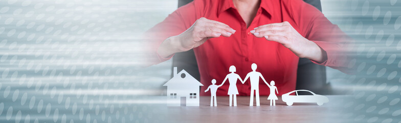 Concept of home, family and car insurance; panoramic banner