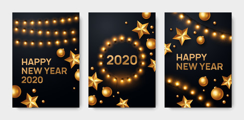 Happy New Year 2020 greeting card set. Backgrounds with lights and golden decorations.