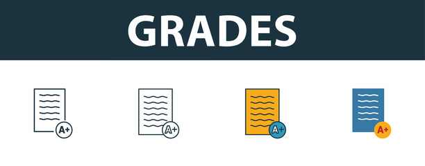 Grades icon set. Four elements in diferent styles from school icons collection. Creative grades icons filled, outline, colored and flat symbols