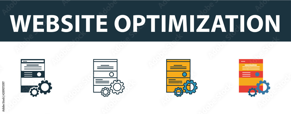 Wall mural website optimization icon set. four elements in diferent styles from seo icons collection. creative 