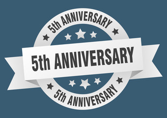 Fototapeta premium 5th anniversary ribbon. 5th anniversary round white sign. 5th anniversary