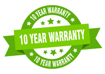 10 year warranty ribbon. 10 year warranty round green sign. 10 year warranty