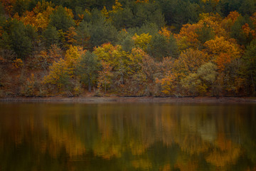 Autumn forest reflected in water. Colorful autumn morning in the mountains.