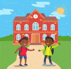 Obraz na płótnie Canvas Two male african american students standing in front of red brick school building. Educational institution, boys students smiling vector illustration. Back to school concept. Flat cartoon