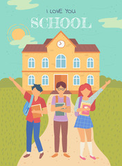 Obraz na płótnie Canvas Pupils holding books, girl and boy standing near building. I love you school postcard, children education, knowledge architecture, teenager vector. Back to school concept. Flat cartoon