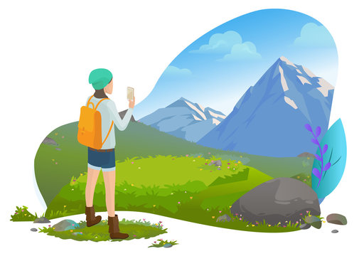 Traveler Or Tourist, Girl Filming On Smartphone In Mountains, Vector. Hiker, Woman With Backpack And Gadget, Traveling And Tourism, Lanscape Photo. Mountain Tourism. Flat Cartoon