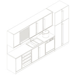 Contour of a modern kitchen with stove, fridge and kitchenware. View isometric. Vector illustration.