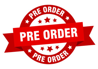 pre order ribbon. pre order round red sign. pre order