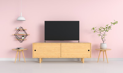 Widescreen TV in pink living room, 3D rendering