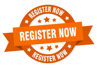 register now ribbon. register now round orange sign. register now