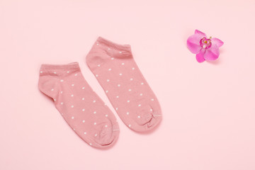 Pair of women socks on pink background.