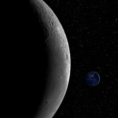 Closeup of the Moon and the small planet Earth against starry night sky background, elements of this image furnished by NASA