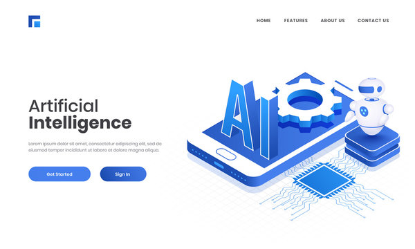 3D AI text on smartphone screen with circuit board and Android robot for Artificial Intelligence concept based landing page design.
