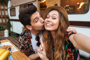 Happy smiling couple having lunch