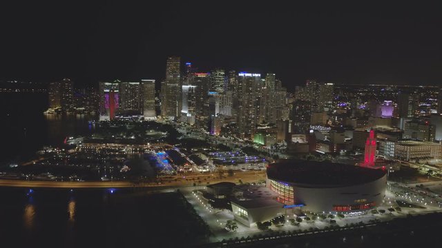 Aerial video of Downtown Miami Florida at night with beautiful city lights 4k