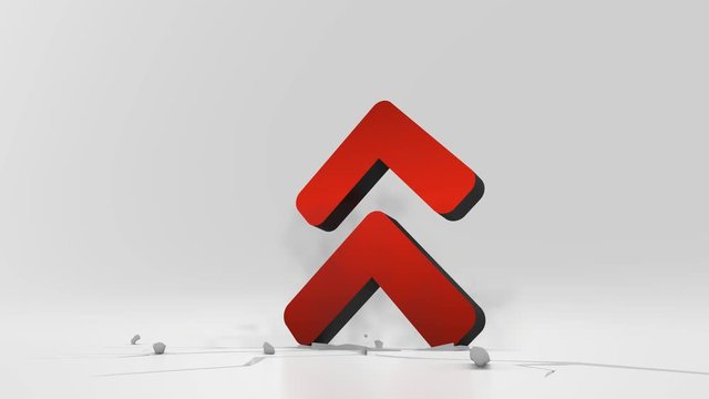 3d rendering heavy impact red thick symbol of angle double arrow up with rounded corner in empty grey space 4k animation