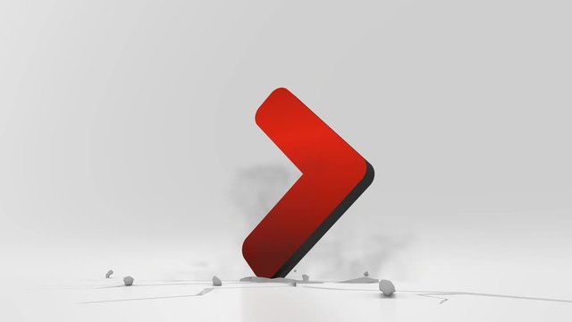 3d rendering heavy impact red symbol of angle arrow right in empty grey space 4k animation