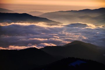 Amazing sunrise view from Ceahlău Mountains National in winter season, Winter Landscape in National Park Ceahlau