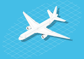 White modern twin-engine airliner. Isometric view. Flat vector.