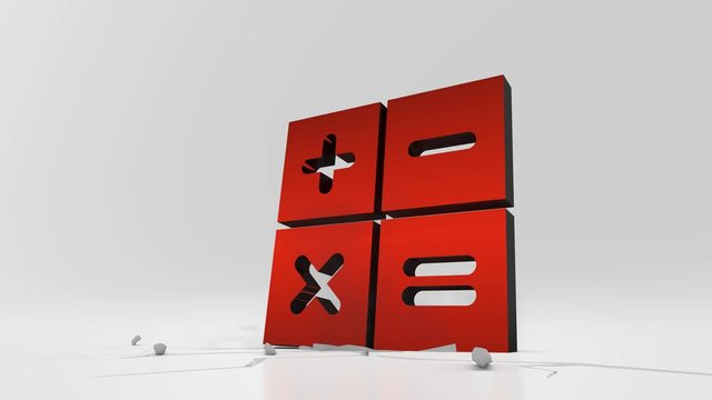 3d rendering heavy impact red symbol of basic number operations of calculator in empty grey space 4k animation
