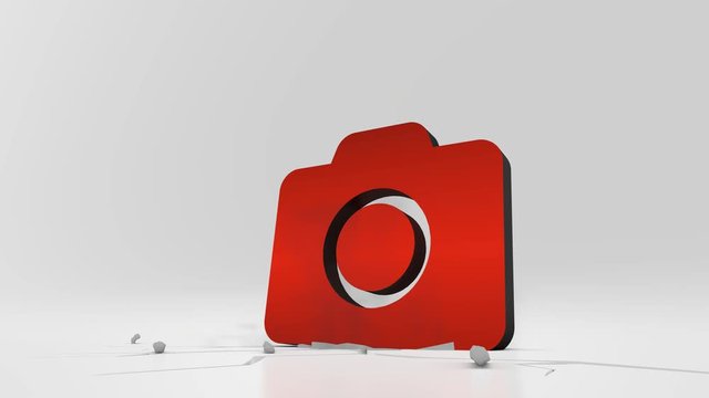 3d rendering heavy impact red symbol of camera in empty grey space 4k animation