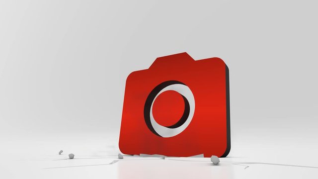 3d rendering heavy impact red symbol of camera in empty grey space 4k animation