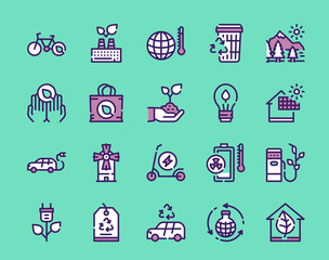 Nature conservation green color linear icons set